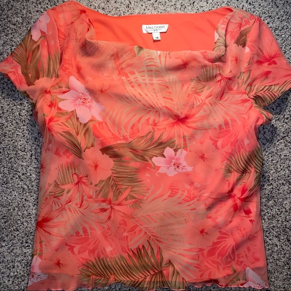 Tops - . Coral blouse, pink accents, green palm. Flowing sheer top layer